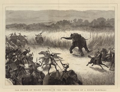 El Príncipe de Gales cazando en el Terai, carga de un elefante rebelde de Samuel Edmund Waller